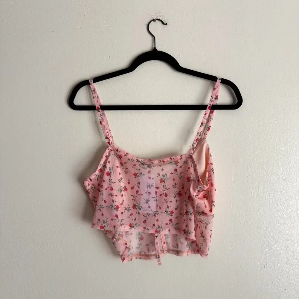 Miss Selfridge Pink + Red Rose Print Sheer Crop Tank Top Size 10 NWT Festival